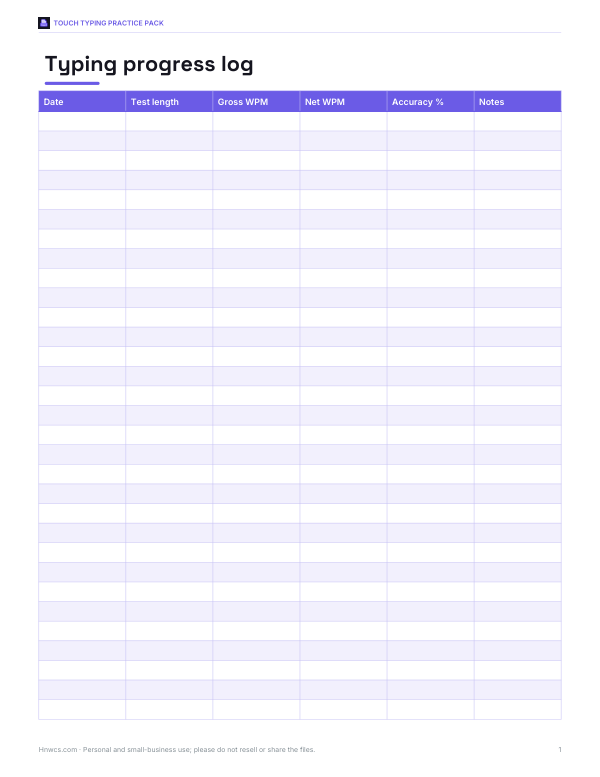 Preview of Printable Typing Progress Log
